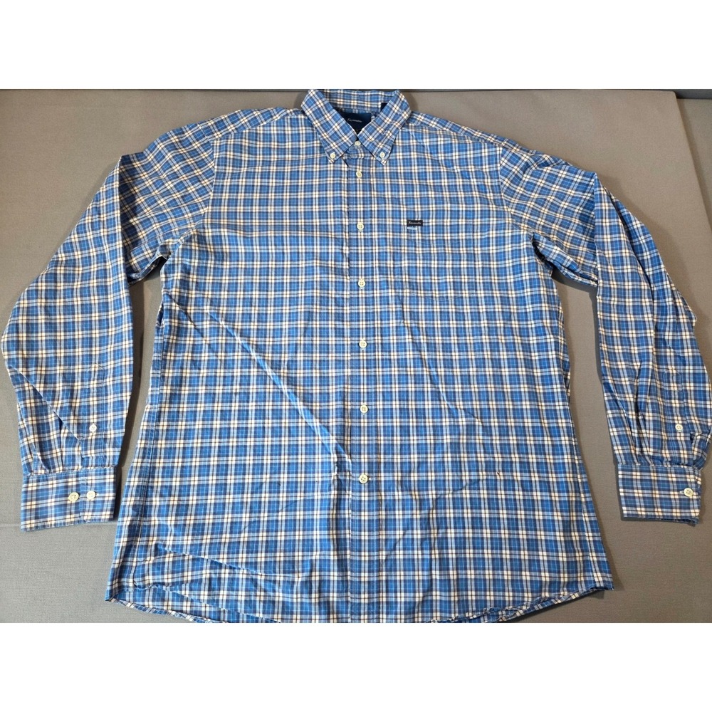 Faconnable Shirt Mens Extra Large Tall Blue White Plaid Long Sleeve Dress Polo